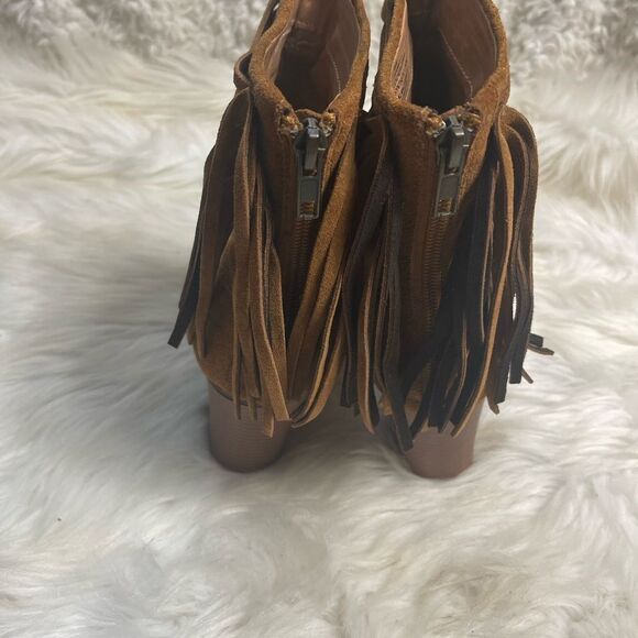 Nine West leather suede Brown Fringe ankle Boots Peep toe back zipper SZ9.5M - Picture 4 of 12
